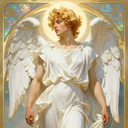 full figure art nouveau portrait of a beautiful young fit male angel with curly blond hairs, dressed with fluent clothes, majestic wings, luminous halo, by alfons mucha, d & d character, gradient white to gold, in front of an iridescent background, highly detailed portrait, digital painting, artstation, concept art, smooth, sharp focus illustration, artstation hq