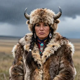 a cheyenne tribal woman wearing bison fur coat in a wyoming snot storm, close up, portrait