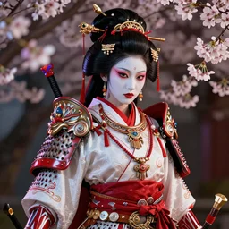 geisha warrior ornated armor war paint, detailed, jewelry, sakura,photograph, award wining, red and white, trending on artstation, punk attitude, 4k, unreal engine 5, octane render, neon highlights