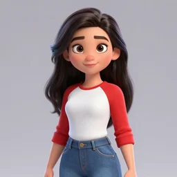 pixar style latina cute girl using white and red raglan sleeves with blue jeans and silky hair