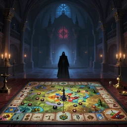 dark museum interior at night with cultist figure standing at center, illustration in style of mansion of madness boardgame, colorfull, digital art, photorealistic, by John Pacer