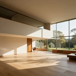 minimalist midcentury apartment interior by frank lloyd wright, warm palette, stylized