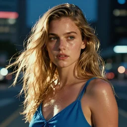 8 k hyper realistic close range night shot of blade runner 2 0 4 7 with adriana chechik with natural hair, sweaty, realistic skin with imperfections, very small lips, blue summer dress. long blonde hair flowing in the wind. urban landscape in the background with strong sun. lenses 5 0 mm