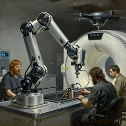 ( cyberpunk 2 0 7 7, bladerunner 2 0 4 9 ), a complex thick bifurcated robotic cnc surgical arm cybernetic symbiosis hybrid mri 3 d printer machine making engine lab, drone camera lens orbs, by john william waterhouse and edwin longsden long and theodore ralli and nasreddine dinet, oil on canvas, f 2 8,