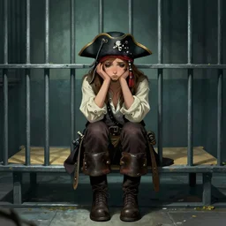 aesthetic digital portrait of a sad pirate hanging his head sitting on a prison cot by magali villeneuve, sitting in a prison, centered, concept art, deviantart