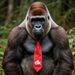 photograph of a brown gorilla with a red tie with the letters dk on it