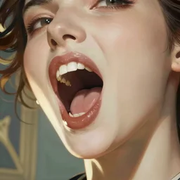 digital character concept art by artgerm and greg rutkowski and alphonse mucha. open female mouth, pin - up, close - up, defiant, light effect, 8 k, hyper detailed, intricate, elegant, digital painting, artstation, smooth, sharp focus