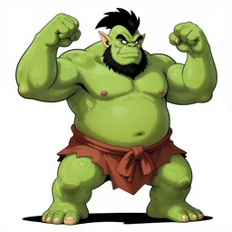 fat orc with green skin flexing, loincloth, muscular arms, thick muscular legs, black faux hawk, beard, pointy ears, chest hair, 4K, in the style of Masanori Warugai