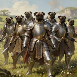 group of humanoids with pug heads with stern expressions dressed in armor going to battle english countryside, ssci - fi and fantasy, intricate and very very beautiful and elegant, highly detailed, digital painting, artstation, concept art, smooth and sharp focus, illustration, art by tian zi and wlop and alphonse mucha