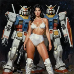 A mixed media portrait painting of a beautiful woman an alien planet repairing a gundam, very curvy, aesthetic! high-waisted white-bikini-armor and boots, holding a ray-gun, aesthetic symmetrical face and eyes, model, wet, discarded mechsuit in background, by  Frank Frazetta, Boris Vallejo, Beeple, Greg Rutkowski, Christian MacNevin, eighties-pinup style, epic fantasy character art, high fantasy, CGsociety, exquisite detail, post-processing, masterpiece, cinematic