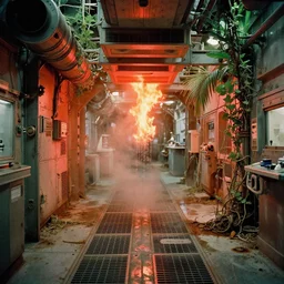 Film still of a brightly lit science lab on a space ship, metal, floor grills, ventilation shafts, dusty, orange and red lighting, burning fire, water dripping, puddles, wet floor, rust, decay, green vines, overgrown, tropical, Cinestill colour cinematography, anamorphic