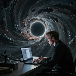 an intricate concept art of a blackhole with getting sucked while working on a computer in action, action film color palette, artstation, octane render, cinematic, inception concept, christopher nolan film style