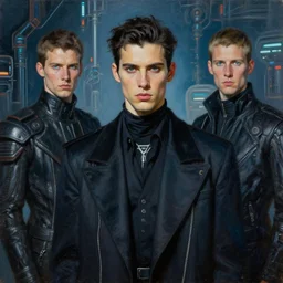 portrait of a handsome man dressed in clothes by junya watanabe head shoot fashion photobook, art by alex heywood and rembrandt, albert lynch, futuristic fashion, scifi, reimagined by industrial light and magic, oil on canvas, hd