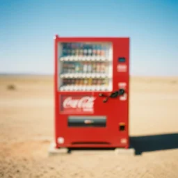 blurry vibrant dream like photo of a coca - cola vending machine in the middle of the dessert at broad daylight taken using dream recording device
