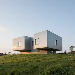 an asymmetrical geometric home made of metal sitting on a grassy hill in the style of ascher, clemens