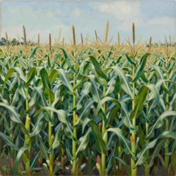 painting of a windy summer cornfield painted in the style of Jackson Pollack, with lots of scumbling, scumbled thick oil paint, oily high relief, shiny and painted in a style of painting similar to Van Gogh but more impasto and less hatching