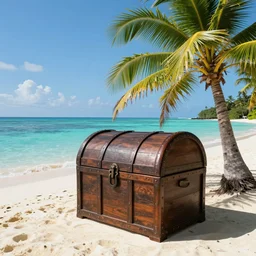 a treasure chest on a tropical island, with a palm tree, and crystal clear water, 4 k