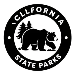 California state parks logo featuring a bear and trees, logo, black and white, vector art, trending on behance
