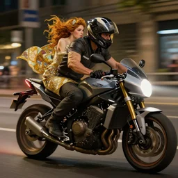 a photography of a man dressed as a woman, speeding on motorcycle, artwork by jeremy mann and alphonse mucha,, photo realistic, high detail, night street, night time, digital painting, artstation, concept art, unreal engine render