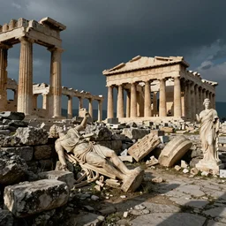 fall of civilisation, ancient greek ruins and pieces of statues falling