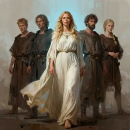 female celtic druid by atey ghailan, by greg rutkowski, by simon stalenhag, by greg tocchini, by james gilleard, by joe fenton, by kaethe butcher dynamic lighting, gradient light blue, brown, blonde cream and white color scheme, grunge aesthetic