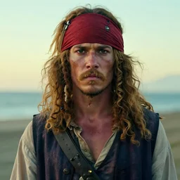 outdoors photo portrait of an albino african pirate with a red headband and a vest, young adult, very thin blonde mustache clean shaven, afro blonde hair, stern face, rugged and dirty, cinematic lighting at sundawn in a shore, movie color grading