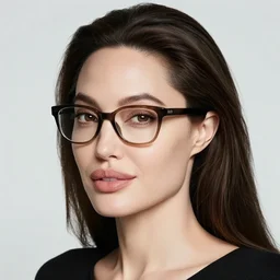 portrait beautiful young woman, looks like angeline jolie with black hair and glasses, wearing a white top in the library, 4k