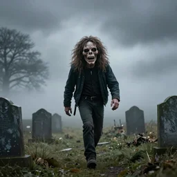 Eddie The Head From Iron Maiden is a walking corpse coming down the hill from the graveyard with the weird weather lighting the way supernatural fog, realistic, DLSR, action photography