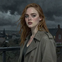 Elle Fanning at night, stormy weather, extremely detailed masterpiece, illustration, by Michael Sowa,