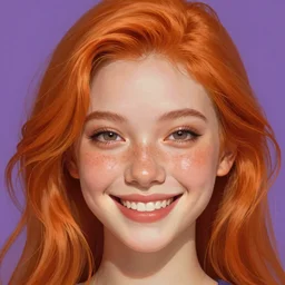 close up portrait of a beautiful smiling girl with orange hair and freckles, happy intricate, elegant. highly detailed, digital painting, artstation, concept art, smooth, sharp, focus, illustration. background is purple, art by artgerm and Ross Tran
