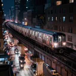 futuristic metro train drives on overpass bridge over busy nyc street at night, cinematic lighting, still photo