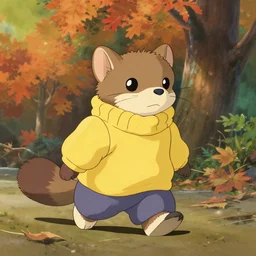 animation frame from the studio ghibli film My Neighbor Ferret. an adorable ferret dressed in a yellow turtleneck sweater, cute walking home movie scene, autumn, by miyazaki