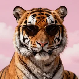3 d close - up, portrait fashion model in sunglasses, tiger, pink cloudy background, hyper detailed, photo realistic, vouge style photo, artwork by tooth wu and wlop and beeple and greg rutkowski