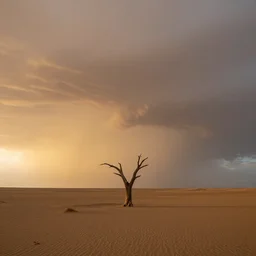 a lone dead tree on a completely empty and flat desert, during golden hour, sunset, a huge storm is approaching, 8 k, high quality, national geographic photography, unsplash
