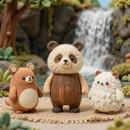 high - res photograph of a claymation sculpture action figure cute fluffy critters, highly detailed sculpey diorama, forest setting, waterfall backdrop, realistic materials, wood, felt, cloth, burlap, smooth, sharp foccus, commercial product photography,