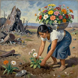 a mixed media painting of a women planting flowers in a post apocalyptic world in style of the painting of the flower carrier by diego rivera, highly detailed, realistic, masterpiece