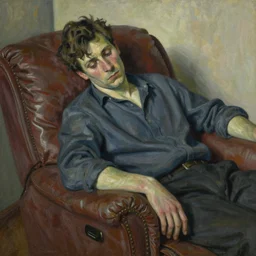 a depressed men leans back in a recliner, super detailed, by alice neel, oil on canvas.