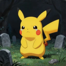 crying pikachu on graveyard, dramatic painting by beksinski