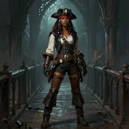 a female space pirate, dark skin, standing in the center of a gothic bridge digital painting.