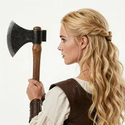 an ultradetailed picture of blonde viking woman facing and holding a battleax, 1 9 8 0 s rom com style, viewed from behind and above, intricate, elegant, illustration, artstation, burning village in the background, 8 k, fine detail, art by greg rutkowski, frank frazetta, jack kirby, albert aublet, frank herbert, and alphonse mucha