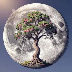 Tree filled surface of the moon, intricate, elegant, fantasy, highly detailed, digital painting, concept art, sharp focus, illustration, beautiful volumetric lighting, epic light, artstation, magic hour lighting, colorful, sunshine, springtime, art by Sylvain Sarrailh