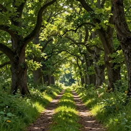 hq beautiful digital matte painting detailed forest light grassy path with stunning oak trees in the summer sunshine, james gurney, constrast 8 k resolution trending on artstation