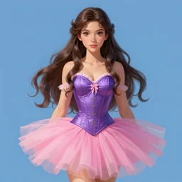 brunette fairy woman with long hair, wearing a purple corset and pink tutu, centered, animesque, highly detailed, digital painting, trending on artstation, concept art, sharp focus, illustration, art by chloe schmid, blue background