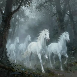 the ghostly horsemen ride through the misty forests in eternal silence. they haunt the land for centuries and every unlucky soul who crosses their path join their ranks for ever. # art # fantasy # illustration # painting # character