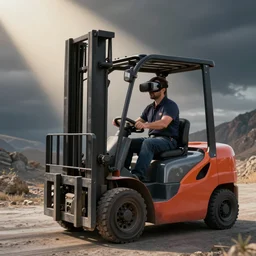 funny forklift operator with a vr headset