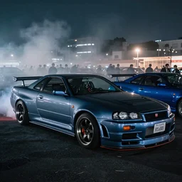 a car R34 twin turbo drift at illegal car meet, Kanagawa prefecture, city midnight mist lights, cinematic lighting, photorealistic, highly detailed wheels, high detail
