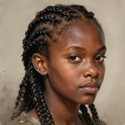 black african emma watson portrait close - up, cornrows braids, dusty background, intricate, elegant, highly detailed, digital painting, artstation, concept art, smooth, sharp focus, illustration, art by aleksi briclot and greg rutkowski and alphonse mucha