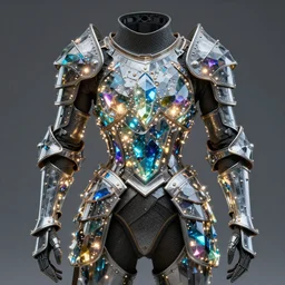 futuristic medieval light armor made of colored plasma crystal glass shards by chris wood, shining led lights inside, detailed 4 k photo
