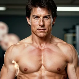 tom cruise steroid monster pumping iron, real still photograph close up chest