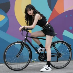 full - length photo, young woman, leaning on a bike, gothic clothes, adidas shoes, 4 k, colourful